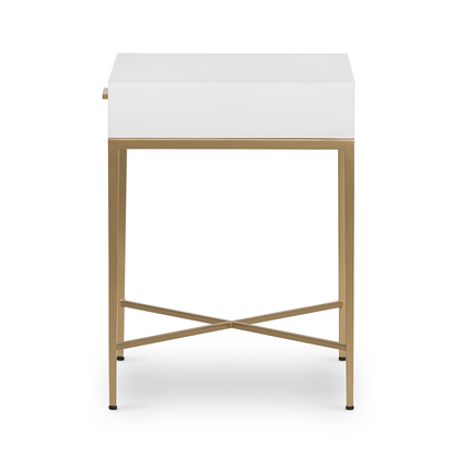 Shop the Berkeley Bedside Table in White with fine tapered gold finished legs. FREE UK Mainland Delivery. Shop online today at www.nobleandnook.co.uk