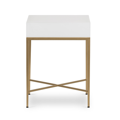 Shop the Berkeley Bedside Table in White with fine tapered gold finished legs. FREE UK Mainland Delivery. Shop online today at www.nobleandnook.co.uk