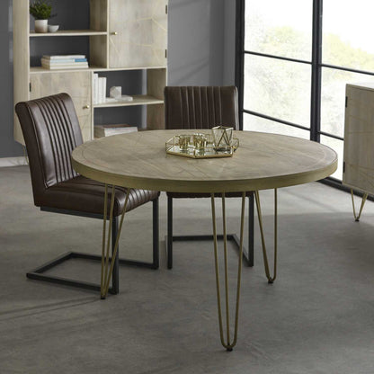Elegant 4-Seater Round Mango Wood Dining Table, Gold Metal Legs, Handcrafted & Unique, Eco-Friendly Furniture Choice – L120×W120×H76cm. www.nobleandnook.co.uk