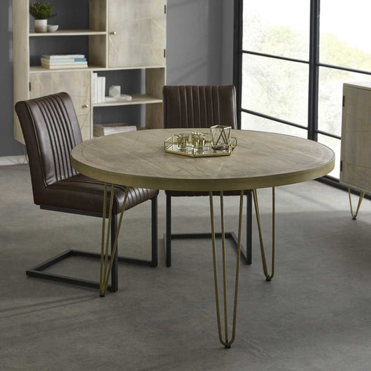 Elegant 4-Seater Round Mango Wood Dining Table, Gold Metal Legs, Handcrafted & Unique, Eco-Friendly Furniture Choice – L120×W120×H76cm. www.nobleandnook.co.uk