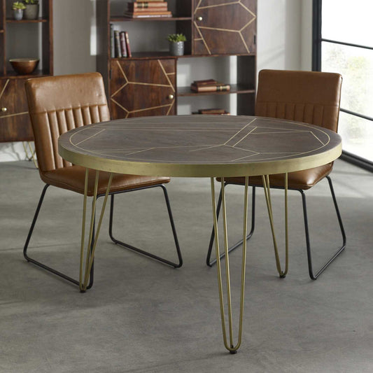 Elegant 4-Seater Round Mango Wood Dining Table, Gold Metal Legs, Handcrafted & Unique, Eco-Friendly Furniture Choice – L120×W120×H76cm. www.nobleandnook.co.uk