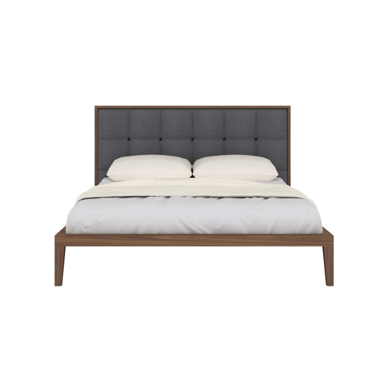 Shop the opulent Calla King Size Bed in rich walnut with a sophisticated grey linen fabric headboard. FREE UK MAINLAND DELIVERY. Shop online now at www.nobleandnook.co.uk