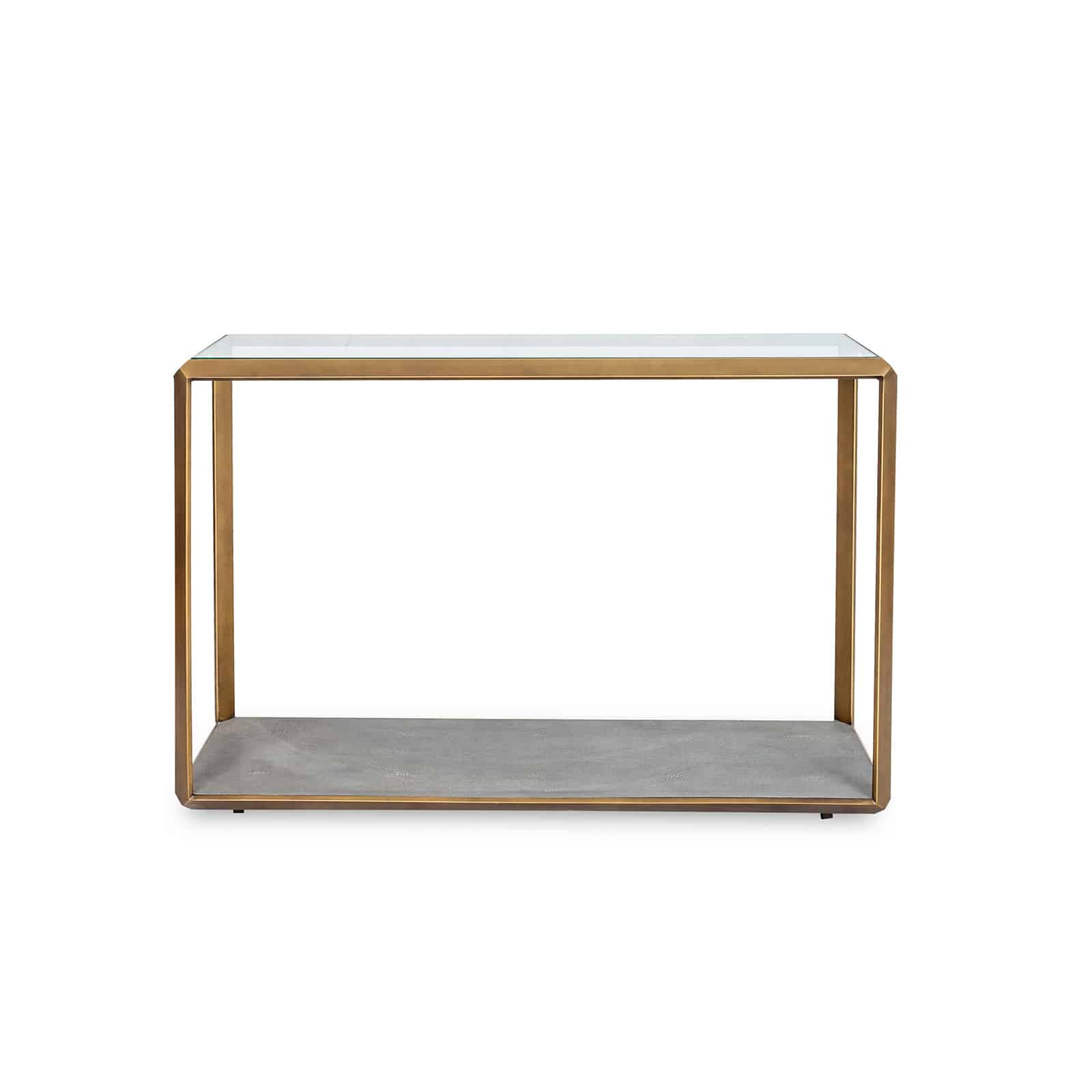 Shop the Elmley Console Table featuring a sleek glass top and an antique style brass surround.  FREE UK Mainland Delivery. Shop online today at www.nobleandnook.co.uk