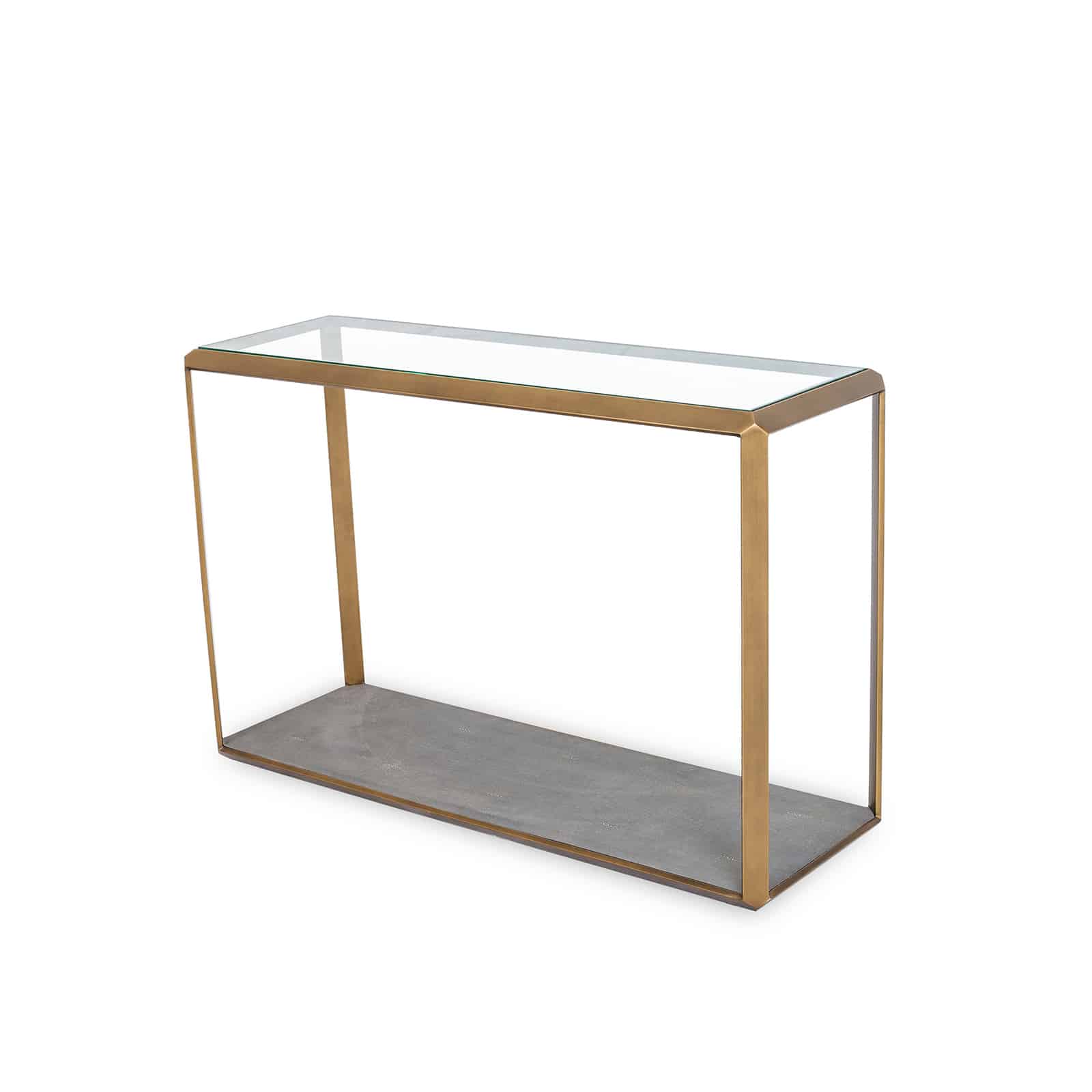 Shop the Elmley Console Table featuring a sleek glass top and an antique style brass surround.  FREE UK Mainland Delivery. Shop online today at www.nobleandnook.co.uk