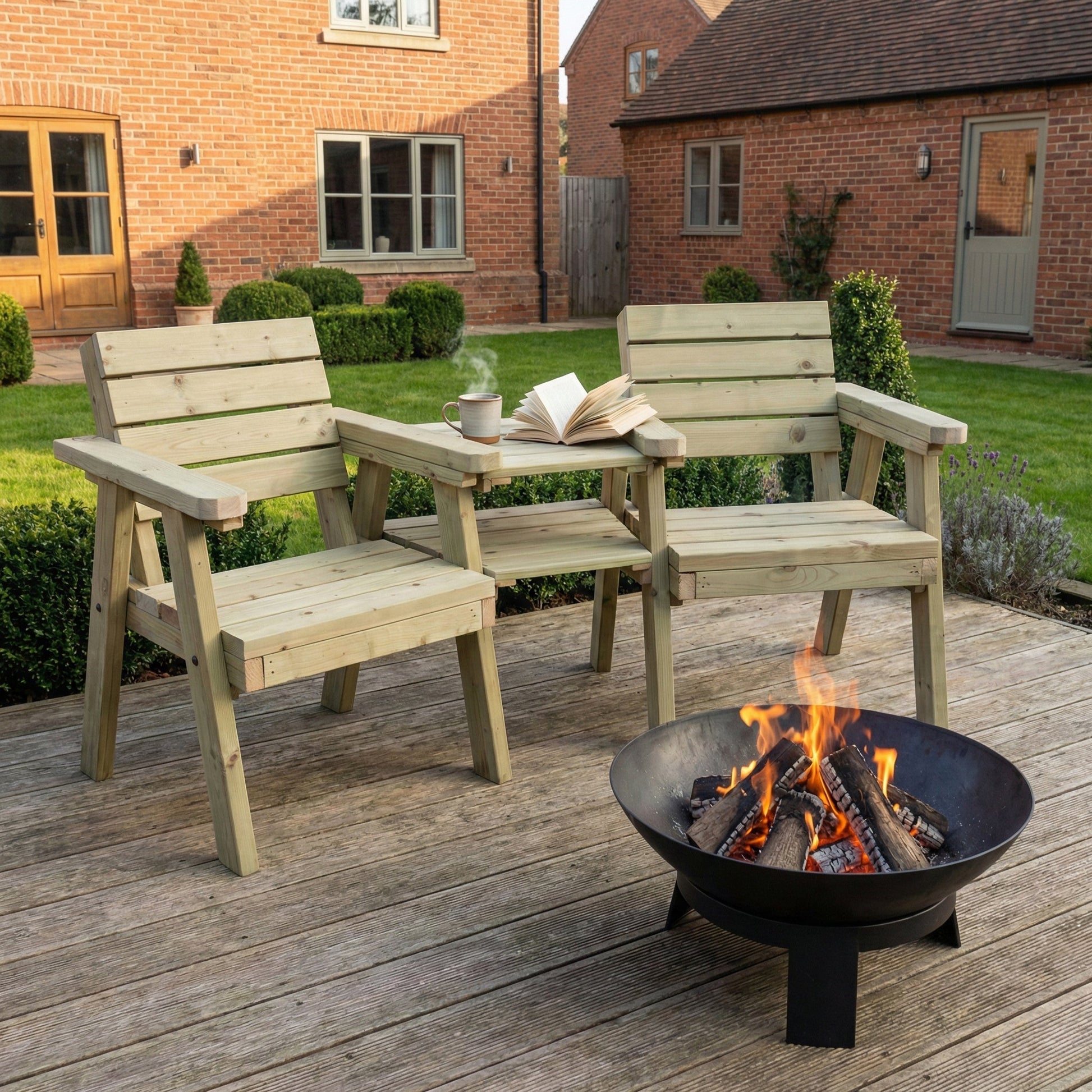 Wooden outdoor chairs with a table by a fire pit on a patio.