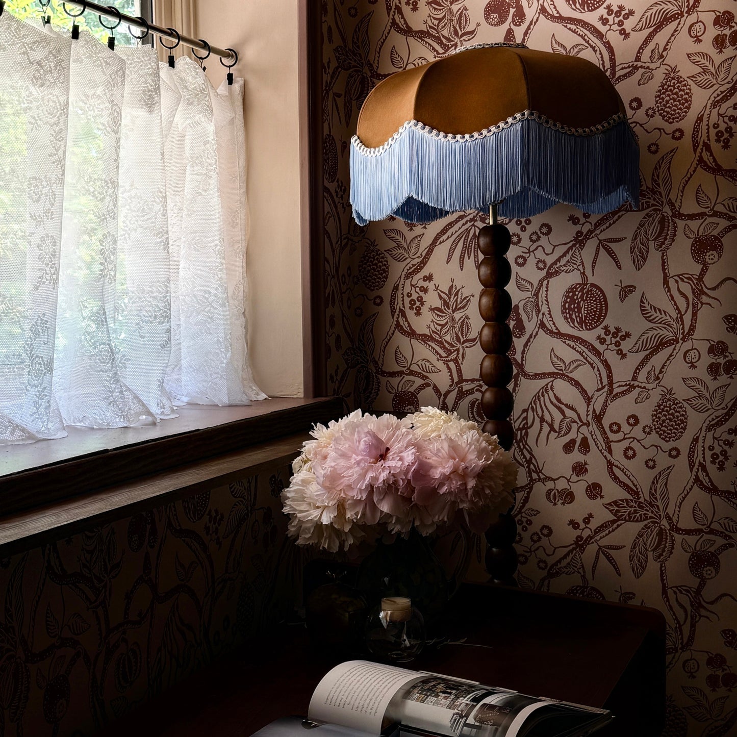 The Stella Velvet Fringed Lampshade | Chocolate Brown & Blue