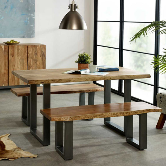 Solid Acacia Wood Construction, Each piece is unique, Perfect Size for Dining – L125 x D40 x H45cm, comfortably seats 2 people; ideal for pairing with the Baltic Medium Dining Table. Shop online at www.nobleandnook.co.uk