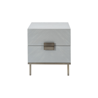 Shop the Lilly Bedside Table in a soft grey finish and elegant bronze metal handles. Shop online now at www.nobleandnook.co.uk