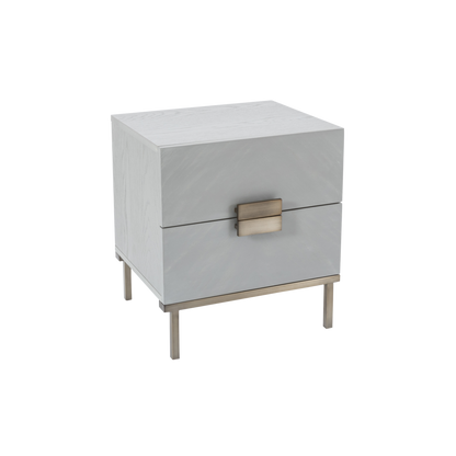 Shop the Lilly Bedside Table in a soft grey finish and elegant bronze metal handles. Shop online now at www.nobleandnook.co.uk