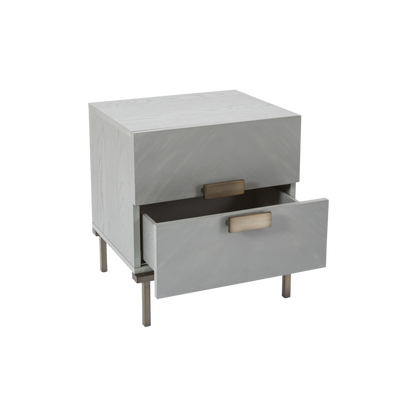 Shop the Lilly Bedside Table in a soft grey finish and elegant bronze metal handles. Shop online now at www.nobleandnook.co.uk