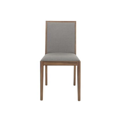 Shop Lotus Dining Chair in Walnut Grey, a perfect combination of style and comfort. with wooden frame and  light grey fabric seat and back rest. Shop online today at www.nobleandnook.co.uk