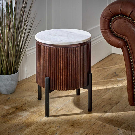 Made from 100% solid mango wood and natural marble top. Eco-Friendly Materials. Dimensions: H45×W35×D35cm. Handcrafted in India – Each piece is unique. Shop today at www.nobleandnook.co.uk