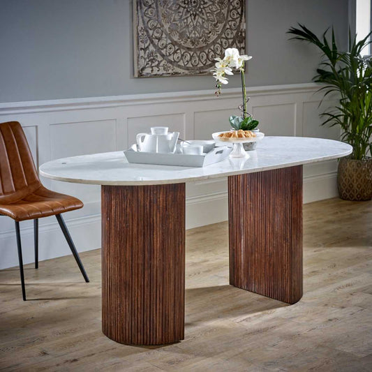 Large 170cm Dining Table with a white marble top. Timeless, natural stone that adds elegance and durability Built from 100% solid mango wood. Handcrafted design. www.nobleandnook.co.uk