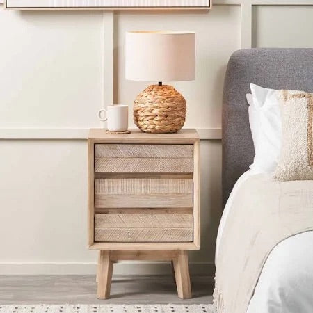 Kalmar Sand Wash Acacia Wood 3 Drawer Bedside Unit | Scandi Furniture