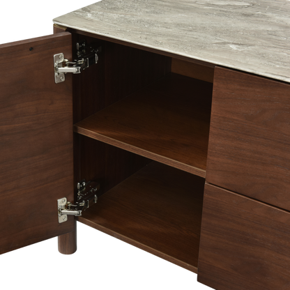 Shop the beautifully crafted Willow TV Unit in walnut and a detailed marbled glass beige top for a touch of elegance. Free UK Mainland Delivery. Shop online today at www.nobleandnook.co.uk