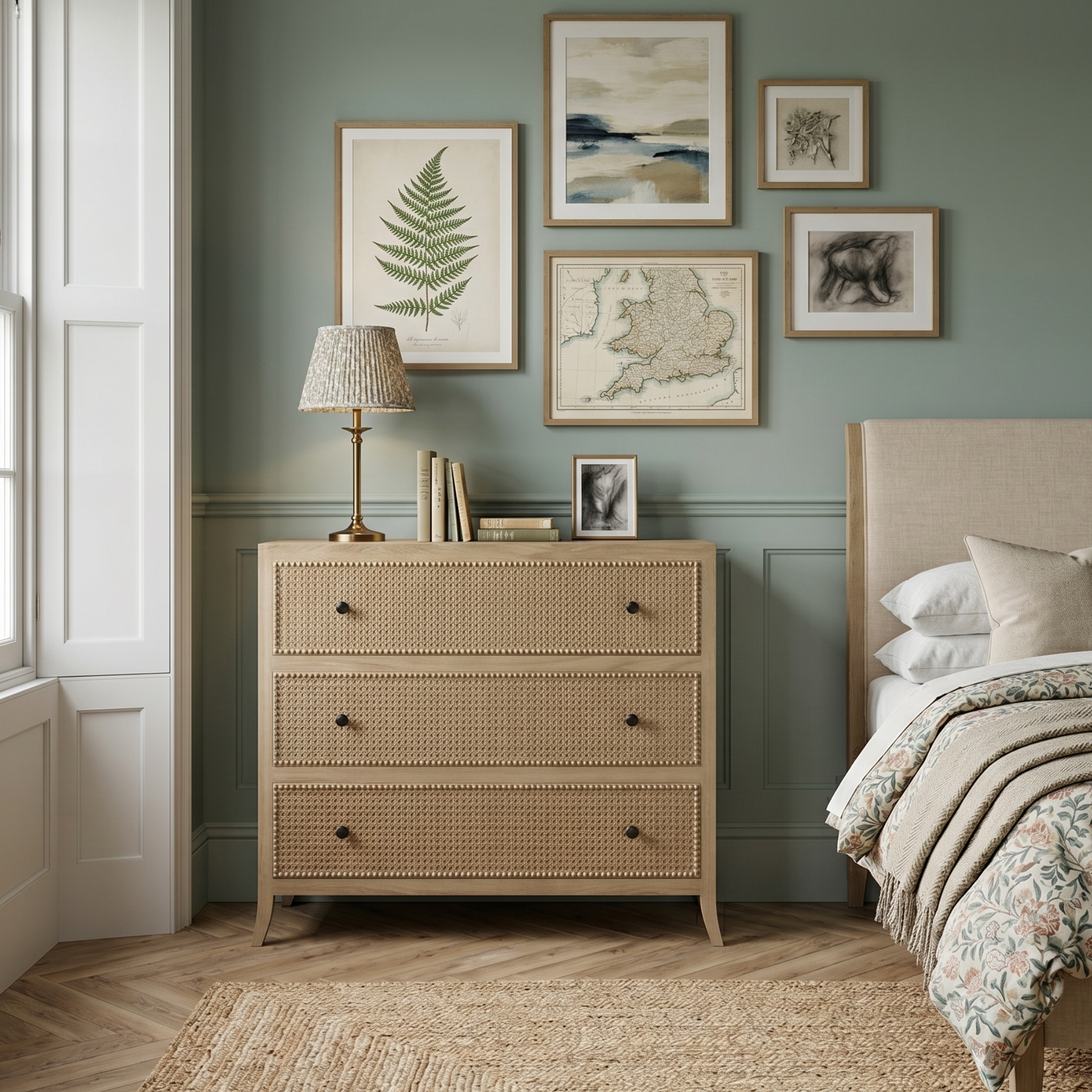 Neatly arranged bedroom with a dresser, bed, and wall art.